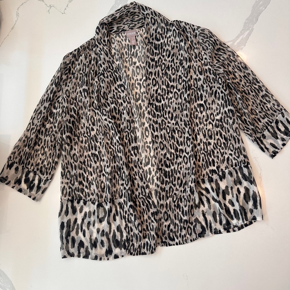 Chicos Leopard Print Open Front Cardigan Grey Black Sheer Chiffon Size 1 M